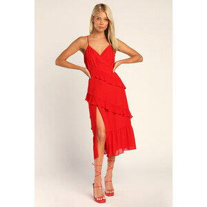 Lulus Feeling The Moment Red Ruffled Midi Dress - Size M